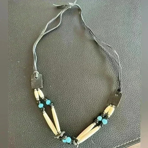 Native American long bone bead leather and turquoise necklace western - Picture 1 of 2